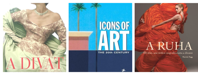 Három színes könyvborító, A divat, Icon of Art és Ruha felirattal